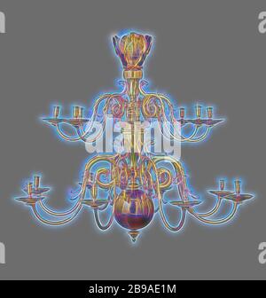 Stiel einer Kerzenkrone in zwei Höhen, besteht das Objekt aus einem runden schmiedeeisernen Stab, einem eisernen Splint und den folgenden gegossenen und dann bearbeiteten Teilen auf einer Drehmaschine: Der hängende Ring, der Stiel mit dem oberen Standring, der Baluster, der Stiel mit dem unteren Standring, die Kugel, die Knospe., Anonym, Nordniederland, 1630, Messing (Legierung), Eisen (Metall), Schmieden, neu gestaltet von Gibon, Design von warmen fröhlichen Leuchten von Helligkeit und Lichtstrahlen Ausstrahlung. Klassische Kunst neu erfunden mit einem modernen Twist. Fotografie inspiriert von Futurismus, umarmt dynamische Energie der modernen Technologie, Bewegung, Geschwindigkeit Stockfoto