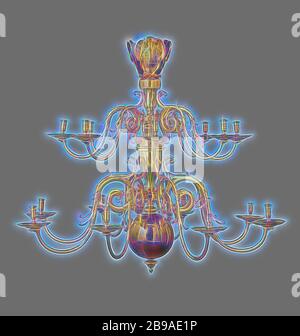 Zweistufige Kerzenkrone mit acht Armen und je drei Schilden. Das Objekt besteht aus einem runden schmiedeeisernen Stab, einem eisernen Splint und den folgenden gegossenen und dann bearbeiteten Teilen auf einer Drehmaschine: Der Hängering, der Stielteil mit dem oberen Standring, der Baluster, der Stamm mit dem unteren Standring, die Kugel, der Knopf, drei Schilde, Zweimal acht Arme mit entsprechenden Fettfallen, Kerzenhalter und Stifte., anonym, Nordniederland, 1630, Messing (Legierung), Eisen (Metall), Schmieden, H 138.0 cm × T 157.0 cm × B 166.0 kg × B 122.0 kg, neu gestaltet von Gibon, Design von warmen fröhlich glühen von Brigg Stockfoto