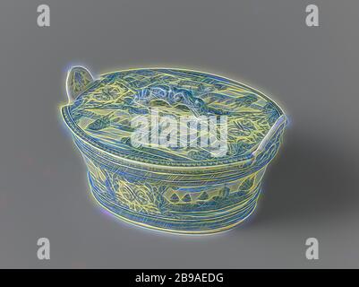 Zwei Butterschalen, Butterschale, blau mit Landschaften und einem Spiegel Monogramm gemalt, Butterschale mit Fayence Abdeckung, oval. In blau mit Landschaften und einem Spiegel Monogramm gemalt, Landschaften in der gemäßigten Zone, anonym, Delft, 1750, H 6.5 cm × d 13 cm, neu gestaltet von Gibon, Design von warmen fröhlich glühen der Helligkeit und Lichtstrahlen Ausstrahlung. Klassische Kunst neu erfunden mit einem modernen Twist. Fotografie inspiriert von Futurismus, umarmt dynamische Energie der modernen Technologie, Bewegung, Geschwindigkeit und Kultur revolutionieren. Stockfoto