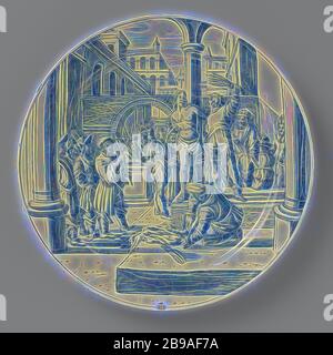 Platte mit der Flagellation von Christus Platte mit der Auspeitschung von Jesus, Platte der Treue mit Darstellungen aus dem Leben Christi nach Stichen von Hendrick Goltzius., Geißelung von Soldaten, Christus in der Regel gebunden an eine Spalte (Matthäus 27:26, Mark 15:15, John 19: 1), De Roos (zugeschrieben), Delft, c. 1700 - c. 1725, d 25.5 cm, neu gestaltet von Gibon, Design von warmen fröhlichen Leuchten von Helligkeit und Lichtstrahlen Ausstrahlung. Klassische Kunst neu erfunden mit einem modernen Twist. Fotografie inspiriert von Futurismus, umarmt dynamische Energie der modernen Technologie, Bewegung, Geschwindigkeit und Kultur revolutionieren. Stockfoto