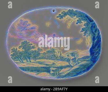 Zwei ovale Plaketten mit Landschaften, Oval Plaque mit Landschaft, Platte der Fayence, gemalt mit einer Landschaft in blau, Landschaften in der gemäßigten Zone, Rauchschwaden, anonym, Delft, c. 1650 - c. 1675, d 20.5 cm, neu gestaltet von Gibon, Design von warmen fröhlichen Leuchten von Helligkeit und Lichtstrahlen Ausstrahlung. Klassische Kunst neu erfunden mit einem modernen Twist. Fotografie inspiriert von Futurismus, umarmt dynamische Energie der modernen Technologie, Bewegung, Geschwindigkeit und Kultur revolutionieren. Stockfoto