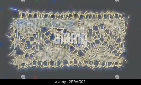 Streifen aus Klöppelspitze mit spitz ovalem in durchbrochenem Zickzackband, Streifen aus naturfarbener Klöppelspitze, Spitze. Das sich wiederholende und durchgehende Muster besteht aus einem offen gearbeiteten Zickzackband, in dem zwischen den kreuzenden Paaren spitze ovale Formen gebildet werden. Die dreieckigen Felder, die sich entlang der Ober- und Unterseite des Zickzackbandes bilden, sind aus Leinen gefertigt. Die Ober- und Unterseite des Streifens sind gerade fertig, beide mit Picots., anonymous, Buckingham, c. 1800 - c. 1899, Baumwolle (Textil), Fackelspitze, L 7 cm × B 3.5 cm ×, 3 cm, neu gestaltet von Gibon, Design von warmen fröhlich glühen von Helligkeit und Lichtstrahlen r Stockfoto
