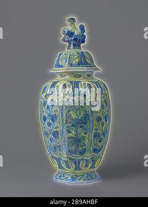 Fayencentopf, blau bemalt mit Blumenschmuck. Das Glas mit Deckel ist Teil eines Kabinettssatzes., De Lampetkan (auf Objekt erwähnt), Delft, 1740 - 1780, H 25.8 cm × d 15.0 cm, neu gestaltet von Gibon, Design von warmen fröhlich glühen der Helligkeit und Lichtstrahlen Ausstrahlung. Klassische Kunst neu erfunden mit einem modernen Twist. Fotografie inspiriert von Futurismus, umarmt dynamische Energie der modernen Technologie, Bewegung, Geschwindigkeit und Kultur revolutionieren. Stockfoto