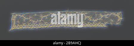 Nadelstreifen mit Windungszweig, Streifen aus naturfarbener Nadelspitze: Alençon-Spitze. Muster mit einem gewundenen, durchgehenden Zweig mit kleinen ovalen und runden Blüten auf einem feinen sechseckigen Netz mit einigen Streublumen. Der Boden des Musters besteht aus zwei fächerförmigen Figuren mit einer Blume oder einem Oval auf dem Boden. Die Fächer und Ovale sind mit verschiedenen Zierstichen gefüllt. Die Oberseite ist mit einer geraden Kante fertig. Der Boden ist mit einem Jakobsrand, der aus dem Muster kommt beendet., anonym, unbekannt, c. 1790 - c. 1799, Leinen (Material), Alençon Spitze, L 37 cm × B 5.5 cm, Reima Stockfoto
