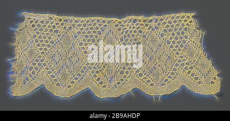 Streifen aus Klöppelspitze mit zwei abwechselnd diamantförmigen Kompositionen, Streifen aus naturfarbener Klöppelspitze. Grober Draht wurde verwendet. In einem Netzboden, einem Pariser Boden mit groben Maschen, wird ein sich wiederholendes Muster in Leinenstrich, zwei abwechselnd rautenförmige Kompositionen, hergestellt. Ein schmaler Weg entlang der Spitze des Streifens wird in Netzhub gemacht, dies ist auch das Ende dieser langen Seite. Entlang der Jakobsmuscheln verläuft ein breiteres Band, in Netzschlag gemacht. Die kurzen Seiten sind abgeschnitten., anonym, c. 1850 - c. 1899, Leinen (Material), Klöppelspitze, L 32 cm × B 12.5 cm ×, 14 cm, neu gestaltet von Gibon, Design von w Stockfoto
