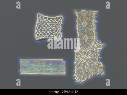 Stahl Nadelspitze mit Mesh-Spitze Hintergrund, Stahl natürliche farbige Nadelspitze mit einem sechseckigen Mesh-Hintergrund: Ein Mesh-Spitze Hintergrund. Die Anwendung dieser Art von Maschenschliffen mit einzelnen Maschenungen, die aus Reihen von hin- und Herstricken gebildet werden, ist charakteristisch für die Brüsseler Maschenspitze. Die Kanten des Stahls sind mit Feststichen fertig., anonym, Niederlande (möglicherweise), c. 1925 - c. 1929, Leinen (Material), Brussels Point de Gaze, H 3 cm × B 3 cm, neu gestaltet von Gibon, Design von warmen fröhlichen Leuchten von Helligkeit und Lichtstrahlen Ausstrahlung. Klassische Kunst neu erfunden mit einem Mo Stockfoto