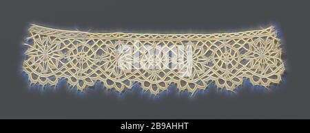 Streifen des Schiebers Spitze mit Stars und Räder, natürliche Schieber von LACE-Streifen. Die sich wiederholenden Muster wechselt zwischen Rad und einem 8-Stern. Die Umrisse der Motive besteht aus einem Band in Form gemacht. Die Pokes' sind mit Zöpfen innerhalb des Perimeters. Eine gerade Reifen läuft über den Rädern. Unter die Räder und Sterne läuft ein Band, das Formen halbrunde Jakobsmuscheln, mit fünf Lappen durch Bögen auf ihnen gebildet. Reifen und Bögen sind sowohl in der Form gemacht. Die Motive sind miteinander durch ein Geflecht Masse, die Formen grob rautenförmige Maschen, wie ein Valenciennes Masse angeschlossen. Oben in der leiste ich Stockfoto