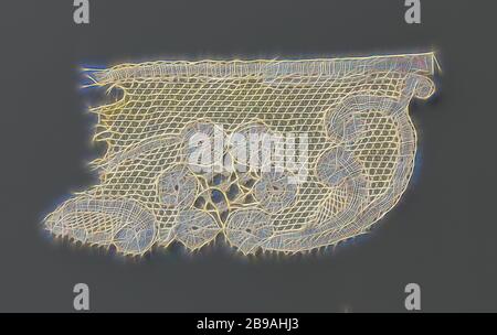 Streifen von gemischten Spitze mit einem Kranz von Rosette Blumen, Streifen von natürlichen Farben gemischt Spitze: Milanese band schnüren. Muster mit einem Kranz von sechs Rosette Blumen, aus dem ein Zweig der c-voluten verursacht wird. Die Oberseite der kurze Streifen ist gerade fertig. Das schwache scallop Edge kommt vom Muster und ist mit picots beendet. Das Spiralgehäuse trinken bildet das Ende eines kurzen Seite. Die andere Seite hat ausgefranst. Leicht gebogene rechteckige Modell mit umgedreht Kurven auf beiden kurzen Seiten. In der Mitte der Lampenschirm ist eine sitzende Ente in einem Gitter an Boden gut gemacht, einem Pariser Boden. Die Ente ist Aus Stockfoto