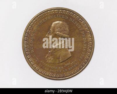 Louis-Alexandre, Duc de La Rochefoucauld d'Anville, Mitglied der verfassunggebenden Versammlung (1789-1791), Vorsitzender des Verwaltungsrates des Pariser Departements (1701-12) P.G Liénard (1849-1900). Louis-Alexandre, duc de La Rochefoucauld d'Anville, député à l'Assemblée constituante (1789-1791), président du directoire du départemental de Paris (1791). Cuivre doré repoussé. Paris, musée Carnavalet. Stockfoto