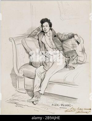 Alexandre Dumas Vater Porträt (1802-1870), auf einem Sofa sitzend. Achille Devéria (1800-1857) et Charles-Etienne-Pierre Motte (85-186er). Portrait d'Alexandre Dumas père (1802-1870), assis dans un canapé. Lithographie sur Chine Collé, 1831. Paris, musée Carnavalet. Stockfoto