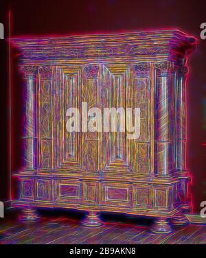 Gehäuse aus Wurzelnuss, Schrank mit wurzelnuss auf Pine geklebt, ruht auf sechs gedreht Nussbaum kugelfüßen. Die ecke Beiträge in Form von freistehenden korinthischen Säulen tragen, mit Pilastern neben ihnen und auf der zentralen Post, dem verdeckten Kopf Frame mit Ove geformte Frieze. Die zwei Türen, auf Kupfer Scharniere biegen Sie haben hohe Auflagen mit schmalen Rücken, die, wie die Frames, arch Profile haben. Es gibt Schubladen in dem verdeckten Base. Seiten mit Flachbildschirmen und Quartal Spalten an der Wand Seite., anonym, Frankfurt am Main, C. 1685 - C. 1700, Holz (Pflanzen), Kiefer (Holz), Kupfer ( Stockfoto