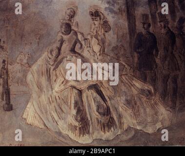 FRAUEN GALANTES - ÖFFENTLICHER SPAZIERGANG ZWEI FRAUEN UND ZWEI MÄNNER CRINOLINE CONANTIN-JUNGS. "Femmes galantes" ou "Promenade publique, deux femmes en crinoline et deux hommes". Plume, lavis et encre de chine, XIXème siècle. Paris, musée Carnavalet. Stockfoto