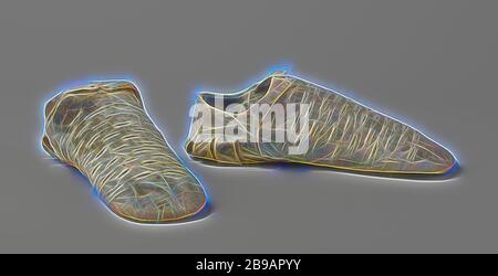 Schuh, flach, mit vorderen Blatt und Ferse des eingeschnittenen - blass gelb verblasst - samt und mit Rindern aus Leder mit einem Sterben - geometrische Dekoration schneiden, Gurt zur Befestigung am Spann, von EINGESCHNITTENEN - Gelb blass - ursprünglich Apple Green Velvet mit Kuh Leder zu beleuchten. Das Modell besteht aus einem Deckel vorn, zwei gleiche Ferse Stücke oder 'Viertel' und eine Sohle. Das Frontblech, hoch oben auf dem Rove, ist mit 63 horizontale Schnitte mit Festival Stiche begrenzt eingerichtet. Die Nase ist schmucklos und etwas Stumpf. Die Ferse ist in acht gleiche Teile durch sechs lange, vertikale, förmige Einschnitte geteilt. Tw Stockfoto