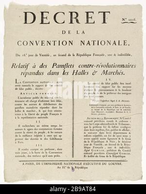 Nr. 2216. DEKRET DES NATIONALEN ABKOMMENS VOM 16. Tag von Ventose, 2. Jahr der französischen Republik, und unteilbar, relativ zu Pamflets [sic] gegen Revolutionäre, die in Hallen und Märkten vorherrschen. Révolution française de 1789. Simon-Edme Monnel, Marie-Jean Hérault de Séchelles, Mathieu, C.P. OUDOT, Louis-Jérôme Gohier. "Affiche du décret" Nr. 2216 de la Convention Nationale relatif à des Pamphlets contre-Révolutionnaires Répandus dans les halles et marchés. Typographie, 1794. Imprimeur Imprimerie Nationale. Paris, musée Carnavalet. Stockfoto