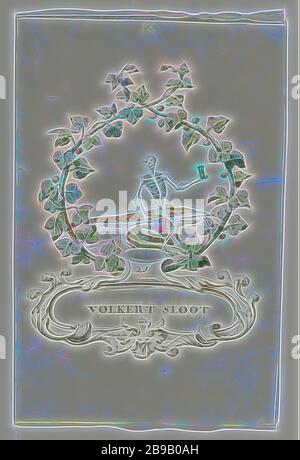 Karikatur von Volkert Sloot Regtspleging von Oldenbarnevelt (Serientitel), Karikatur von Volkert Sloot, Richter von Van Oldenbarnevelt, Tod mit Sanduhr in der linken Hand und Rechtsstab und Waffe auf einem Krokodil sitzend. Im Kranz der Blätter. Darunter ist die Kartusche mit dem Namen und oben Nr. 21. Verbunden mit einer Reihe von Aquarellen in Buch, Johan van Oldenbarnevelt, Volkert Sloot, anonym, Niederlande, 1708 - 1795, Pergament (tierisches Material), Aquarell (Farbe), Tinte, Stift, H 23.5 cm × B 19 cm, neu gestaltet von Gibon, Design von warmen fröhlich glühen von Helligkeit und Lichtstrahlen Ausstrahlung. Stockfoto