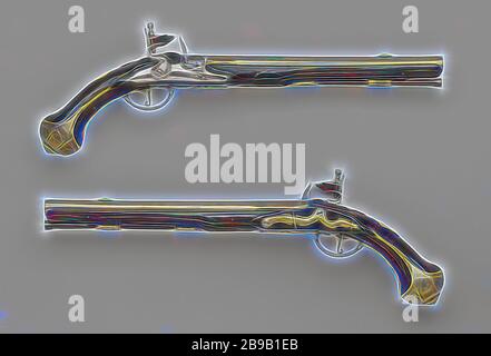 Militärische Feuerstein Gewehr, militärische Waffe, Teil eines Paares zu sein. Die Außenseite der Sicherungsplatte trägt eine Signatur, die Innenseite ist mit IG gestempelt. Das Barrel aus vergoldetem Messing hat eine Kante auf der Oberseite, ein Messing Messing visor Korn und hinten einen Visor, bestehend aus zwei Messing Messing Platten mit einer V-förmigen Winkel auf den Schwanz der Barrel. Der Kolben wird einfach abgeschnitten. Die vergoldete Messing mit geprägten Verzierungen bestehen aus, unter anderem, eine Bandage-förmige Schraube Platte, eine schmucklose, rechteckig mit abgerundeten Platte Daumen nach oben und endet in Akanthus-blätter oben und unten, und ein facettiertes Kolben mit langen Titel ein Stockfoto