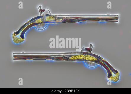 Feuerstein Gewehr, Teil eines Paares zu sein. Die Vergoldeten, Kupfer vergoldet Sicherungsblech mit einer Unterschrift eingraviert ist, der Hahn aus Eisen ist, ist die Feder aus Stahl gebläut. Der Zylinder hat einen runden Querschnitt und eine Reihe von achteckigen Ringe auf der Rückseite, eine Kante verläuft zwischen dem Hinterteil und das Bügeleisen visor Getreide, auf der Rückseite mit dem Wappen von Utrecht und an der Unterseite mit einer balligen Wappen gekennzeichnet. Der Kolben hat unter anderem mit Auszeichnung geschnitten worden. Die vergoldeten Messingbeschlägen bestehen aus, eine Schraube Platte mit ajour Blätter, von denen einer in einem Drachen enden gearbeitet, und eine weibliche Figur mit der kurzen Achse auf einem carria Stockfoto