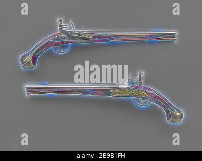 Paar flintlock Pistolen, Musketen Pistole, die Dekoration dieser Waffe ist von hoher Qualität. Teil eines Paares. Die Verriegelung mit Blatt Schriftrollen und eine Unterschrift eingraviert ist, eine Nut verläuft über den Schwanz platte Schwanz, intern gebläut. Der Verschluß des Fasses von unten angebracht ist, eine Rippe läuft auf, gemeißelt Akanthusblättern, mit der gleichen Signatur wie das Schloss und Hymne graviert unterbrochen, jede Fläche des Schließzylinder aus Messing mit einer Markierung in der Form eines Doppeladler in einem Schild, der gleichen Marke auf der Unterseite ist, das Visier Getreide ist aus Messing, eingestanzt ist. Der Kolben wird mit, unter anderen, was Cut Stockfoto