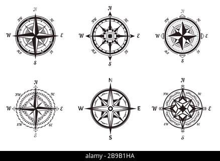 Kompasse isolierte Symbole, Rose des Windes, nautische Navigation Stock Vektor