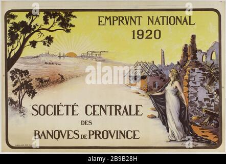 STAATSSCHULDEN 1920 UNTERNEHMEN ZENTRALBANKEN PROVINZ MARCEL VUILLAUME. "Emprunt national 1920 Société centrale des Banques de provincia". Lithographie couleur. 1920. Paris, musée Carnavalet. Stockfoto