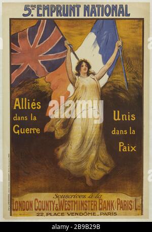 5. Nationaldarlehen Verbündete im Krieg, united in Peace Abonnieren Sie die London County & Westminster Bank (Paris) Ltd. Firmin Bouisset (1859-1925). "5ème Emprunt National, Alliés dans la guerre, unis dans la Paix, Souscrivez à la London County & Westminster Bank (Paris) Ltd". Lithographie, 1920. Paris, musée Carnavalet. Stockfoto