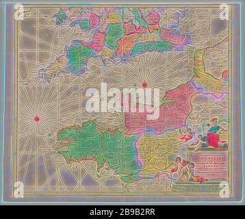 Seekarte des Kanals und Novissima et Accuratissima Canalis inter Angliae Galliae Tabula ... (Titel auf Objekt), Seekarte des Kanals, mit einem großen Teil der umliegenden Länder England und Frankreich. Am Meer zwei Kompass Rosen und Indikationen der verschiedenen Seeschlachten 1666, 1690 und 1692. Unten rechts eine Kartusche mit dem lateinischen Titel, auf denen sich die Britischen Jungferninseln mit zwei Putten. Mehr zu den beiden unteren anderen Putti mit Hörner der Fülle. Unter zwei Skala Sticks in Deutsche und Französische Meilen, Seekarten, Ärmelkanal, England, Frankreich, Normandie, Bretagne, Theodorus Danckerts (I) (m Stockfoto