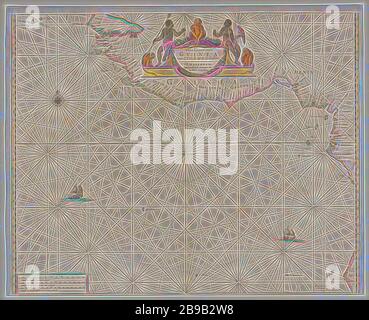 Passkarte des Afrikanischen Goldküsten-Passportkarte von Gvinea von C. Verde nach R. de Galion (Titel auf Objekt), nautische Karte der afrikanischen Goldküste, der Küste Gambias nach angolanischer Seite, bezeichnet Guinea. Top Center Kartusche mit Titel mit zwei Afrikanern und drei Affen. Unten links die drei Skalen in Kartuschen, Karten oder separaten Ländern oder Regionen, Afrikaner, Afrika, Goldküste, Guinea, Hendrick Doncker (I) (auf Objekt erwähnt), 1659, Papier, Farbe (Beschichtung), Gravur, h 445 mm × w 550 mm, neu von Gibon, Design von warmem Glanz von Helligkeit und Lichtstrahlen. Klassisch Stockfoto