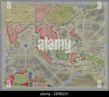 Karte von Südostasien mit Indonesischen Archipel Indiae orientalis Nec nicht insularum adiacentium Nova descriptio (Titel auf Objekt), Karte von Südostasien mit Indonesischen Archipel, verschiedene Bereiche der verschiedenen Farben. In der Mitte links eine Kompassrose, unten links an der Kartusche Einwohner in verschiedenen asiatischen Ländern, Waren- und Landschaft rund um die Inschrift. Unten links auch die Skala in Deutsche und Französische Meilen (1:250 000), Karten der einzelnen Länder oder Regionen, Südostasien, Indonesien, Indonesische Archipel, Nicolaes Visscher (I) (auf Objekt erwähnt), Amsterdam, 1650-1700, Pape Stockfoto