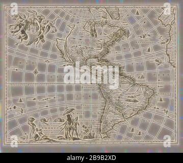 Karte von Nordamerika, Novissima et accuratissima totius Americae descriptio (Titel auf Objekt), Karte von Nord- und Südamerika. Schiffe im Meer, Berge, Bäume, Tiere, Menschen und Gebäude an Land. Unter Kartusche mit Titel, Schlangen, Einheimische und eine lokale Monarch in spezifischen lokalen Aktivitäten beteiligt. Oben links die Zuordnung zu den Amsterdamer Bürgermeister Cornelis Witsen und Gouverneur der WIC, mit Wappen und Helm, getragen von drei Engeln und ein Inder, (Weltkarte) Nordamerika, farbigen Rassen von Amerika, Nord- und Mittelamerika, Südamerika, Cornelis Witsen, West India Company, Gerrit Lucasz van Schag Stockfoto
