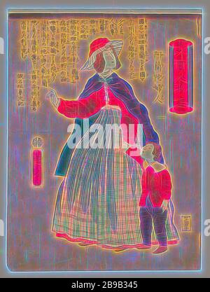 Niederländische Frau mit Kind, - Gaikoku jinbutsuga Oranda fujin (Titel auf Objekt), einem niederländischen Weibe in einem karierten rock und rote Bluse, Umhang und Hut, eine junge auf Ihrer Linken, wahrscheinlich ihr Sohn, ihre rechte Hand leicht angehoben, Sie sieht auf der rechten Seite. Der Text in japanischen Schriftzeichen geschrieben wurde durch die (SATIRISCHE) Schriftsteller/Journalist Kanagaki Robun (1829-1894): "Der Name des Landes, sind die Niederlande. Das Land ist in 17 Provinzen unterteilt, und seine Hauptstadt ist Amsterdam. Menschen sind in der Technologie und Kunst gut, und Wissenschaft ist dort sehr gut verstanden. Es gibt natürlich Krankenhäuser und Schulen in der Stockfoto