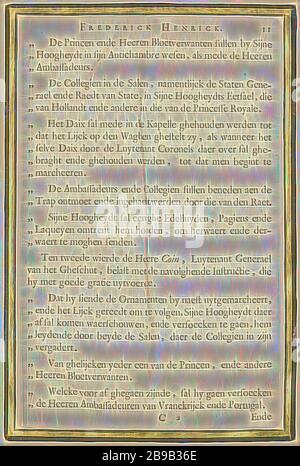 Die Beschreibung der Beerdigung von Frederik Hendrik, s. 11 Begräbnis- Direktor von syne hoogheyt Frederick Henrick. Luxuriös farbige Ausgabe der Drucke der Trauerzug von Frederik Hendrik im Jahre 1647 (Titel der Serie), Seite 11 der Beschreibung der Beerdigung von Frederik Hendrik. Blatt ausgeschnitten, mit Gold verziert und in der Luxury Edition von ca eingefügt. 1755 das Buch "Begraeffenisse van Syne hoogheyt Frederick Henrick' von Pieter Post, in Amsterdam im Jahre 1651 veröffentlicht, Frederik Hendrik (Prinz von Oranien), Pieter Jansz. Post, Amsterdam, 1651, Papier, Buchdruck, h 385 mm × w 265 Stockfoto