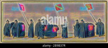 Der Trauerzug von Frederik Hendrik, Plattennr 16 Trauerzug von syne Hoogheyt Frederick Henrick. Edle farbige Ausgabe der Drucke der Trauerprozession von Frederik Hendrik im Jahr 1647 (Serientitel), Plattennr 16. Farbiger Druck in einem Rahmen, der mit Gold verziert und in die Luxusausgabe von Ca eingefügt ist. Das Buch "Begraeffenisse van syne hoogheyt Frederick Henrick" von Pieter Post, das 1651 in Amsterdam veröffentlicht wurde, Frederik Hendrik (Prinz von Orange), Pieter Nolpe, 1651, Papier, Radierung, h 225 mm × w 565 mm, von Gibon neu vorgestellt, Design von warmem, fröhlichem Leuchten der Helligkeit Stockfoto