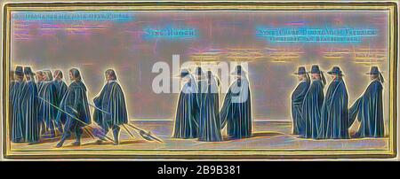 Der Trauerzug von Frederik Hendrik, Plattennr 23 Trauerzug von syne Hoogheyt Frederick Henrick. Edle farbige Ausgabe der Drucke der Trauerprozession von Frederik Hendrik im Jahr 1647 (Serientitel), Plattennr 23. Farbiger Druck in einem Rahmen, der mit Gold verziert und in die Luxusausgabe von Ca eingefügt ist. Das Buch "Begraeffenisse van syne hoogheyt Frederick Henrick" von Pieter Post, das 1651 in Amsterdam veröffentlicht wurde, Frederik Hendrik (Prinz von Orange), Pieter Nolpe, 1651, Papier, Radierung, h 225 mm × w 565 mm, von Gibon neu vorgestellt, Design von warmem, fröhlichem Leuchten der Helligkeit Stockfoto