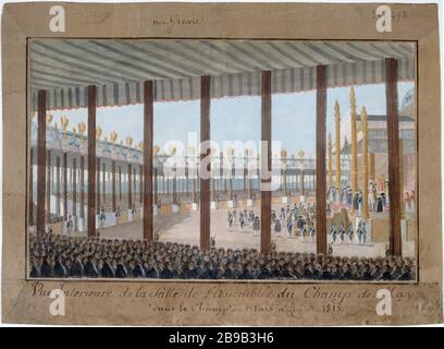 Innenansicht der Versammlungshalle des May im Champ de Mars in Paris 'Vue intérieure de la salle de l'Assemblée du Champ de May dans le Champ-de-Mars à Paris'. Dessin de Courvoisier, 1815. Paris, musée Carnavalet. Stockfoto