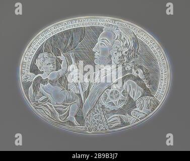 Wilhelm IV., Prinz von Orange-Nassau, einseitige, ovale Plakette, vermutlich aus Schnupfkasten, v.z: Bust man mit Kommandopersonal in der rechten und linken Hand auf der Hüfte, vor ihm ein Engel, der einen Spiegel in der linken Hand hält und den Vorhang mit einer rechten Hand in einen zweizeiligen Text gleitet. Umgekehrt: Blank, William IV (Prinz von Orange-Nassau), Dillis van Oyen, Gouda, 1748, Silber (Metall), Gravur, l 6,5 cm × w 8,2 cm × w 24,16 gr, von Gibon neu erdacht, Design von warmfröhlichem Leuchten von Helligkeit und Lichtstrahlen. Klassische Kunst mit moderner Note neu erfunden. Vom Futurismus inspirierte Fotografie, Stockfoto