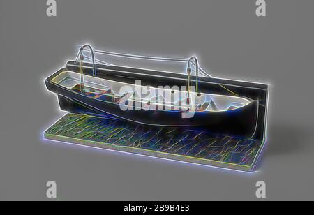 Modell eines Rettungsbootes, Polychromed Modell eines Teil des Schiffes Wand mit einer Schaluppe auf zwei Nagel avits, auf einer Diele, auf dem Wasser simuliert wird. Das Modell zeigt die sloop Trap der Schaluppe, lösen Sie zwei Haken auf der Hebezeuge des davits durch Entfernen Sie einen Sicherungsring in der Mitte. Der Mechanismus gleichzeitig schließt ein Gag in die Öffnung an der Unterseite des Sloop mit einem Griff in der Kabine. Die sloep ist glatt mit einem Spiegel, der schieren auf beiden Seiten steigt, es hat eine offene Kabine, vier dulls plus zwei kleine, die den Mechanismus und sechs Risse in den Seiten unterstützen., C.A. van Haeften, Netto Stockfoto