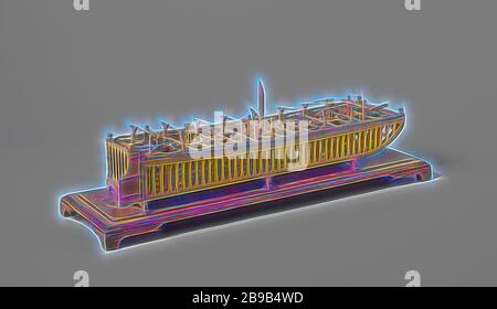 Modell eines Schiffes Kamel, Bau Modell eines kleinen Schiff Kamel, auf einer Diele. Die Haut wurde verzichtet. Der rechteckige Rumpf hat eine flache Pram - wie Bug. Das Kamel hat sechzehn Pumpen in zwei Zeilen, zwei Spille und zwei betings, einem kranausleger am Bug, und vier Abflüsse unter Deck, betrieben mit Schnecke - wie Tasten auf der Oberseite, das Kamel zu füllen. In der Mitte ein Stück von einem Mast platziert worden ist, gegen die beiden Stern Rührer, aber nur eine breite Ruder wurde aufrechterhalten, Rijkswerf Rotterdam (möglicherweise), Rotterdam (möglicherweise), C. 1840, Holz (Pflanzen), Messing (Legierung), Modell: H 24,5 cm x W 76,9 c Stockfoto