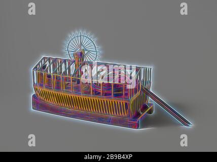 Modell eines Schwimmbaggers, Modell eines Schwimmbaggers, Modell eines überdachten Kette Schwimmbagger mit rosmolen auf dem Achterdeck. Die Kette ist mit einem Gang, der auch eine Winde unter Deck für den Anker Seil für den Vortrieb des Schiffes angetrieben. Die Tiefe der Schaufel, über die die Kette mit Blades läuft, mit einem großen vertikalen Rad mit Winde und Hebezeuge gesteuert wird. Die Oberseite der Schaufel ist platziert in der Mitte des rock Mühle und der Schlamm wird durch eine Rinne von hinten entladen. Auf dem Vorderdeck sind die Ställe und eine Pumpe., anonym, Niederlande, C. 1800, Eiche (Holz), Buchsbaum (Hartholz), Messing Stockfoto