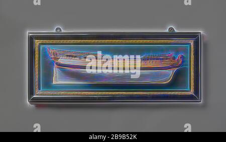 Die Hälfte Modell eines 24-Gun Fregatte, Polychromed Plank Block Modell (Steuerbord) eines 3-Mast, auf einem lackierten Boden board mit gemalten Grenze zwölf Artillerie Ports auf einem Deck angezeigt montiert, ein Port in der wulf und eins auf dem unteren Deck. Gekrönten Löwen als Galionsfigur, Carving zwischen den Graben knien. Spiegel, hohlen Wulf, Zaun und Side Gallery von einem Stock verdreht, vollständig mit Schnitzereien verziert, lackierte Waffe Trophäen auf dem flachen Stück zwischen Zaun und Wulf. Gerade Ruder mit quadratischen Ruder König, Kiel mit der Ferse. Das Modell ist mit allen ruht mit Dirne Blöcke ausgestattet. Schiere aufsteigend zu b Stockfoto