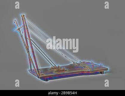 Modell eines Masting Schiere, Modell eines Mastkran, Anheben einer Mast, auf einer Diele. Die Beine nach vorn lehnen und werden von zwei Klammern und vier Aufenthalte zu Poller angebracht gehalten. Der Fuß in die geschweiften Klammern positioniert ist einstellbar in drei Positionen. Hinter dem Poller sind zwei Spille und hinter Ihnen zwei betings. Es ist ein schweres Wetten zwischen die Beine der Mastkran. Zwei Hebezeuge, eine für das obere und das untere Teil des Mastes: Das Seil ist an die Spitze des Mastes am Kran befestigt und geht durch den Double Block an den Mast und ein dreifacher Block an der Spitze des Mastes cr angeschlossen Stockfoto