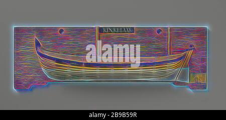 Halbmodell eines Pilotbehälters, Polychromed Mold Model (Port) eines zweimastigen Flachbodens. Die Haut über dem Stabholz ist geschlossen. Rundes Heck, breites Seitenruder mit dekoriertem Ruderkopf und Deichsel an Deck. Das Schieren läuft zu beiden Enden, ein Barholz. Die Oberfläche ist mit einer einzigen sehr breiten Planke verschlossen. Die Masten (Großmast und Mizzen) weisen auf einen Halbmastmast hin., anonym, Niederlande, 1800 - 1850, Holz (Pflanzenmaterial), h 20,2 cm × w 62,6 cm × d 10 cm, von Gibon neu erdacht, Design von warmfröhlichem Leuchten von Helligkeit und Lichtstrahlen. Klassische Kunst mit moderner Note neu erfunden. Fotografie Stockfoto