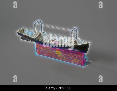 Modell eines Rettungsbootes Release, Modell eines Teils einer Schiffswand mit zwei Nagelräten, Rijkswerf Vlissingen, c - ca. 1858, Holz (Pflanzenmaterial), Messing (Legierung), Seil, h 29 cm × w 34 cm × d 10 cm, von Gibon neu vorgestellt, Design von warmem, fröhlichem Leuchten von Helligkeit und Lichtstrahlen. Klassische Kunst mit moderner Note neu erfunden. Fotografie, inspiriert vom Futurismus, die dynamische Energie moderner Technologie, Bewegung, Geschwindigkeit und Kultur revolutionieren. Stockfoto
