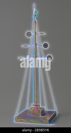 Modell eines optischen Telegraphen, Modell eines optischen Telegrafen, auf einer Platine mit quadratischem Boden. Auf einem Podest wurde ein Mast aufgestellt, der an den Ecken des Dielen befestigt ist. Der Mast hat drei Ra's, immer kürzer nach oben, mit runden Flechtscheiben an den Enden. Diese können in horizontaler und vertikaler Position mit Hebeln an der Basis positioniert werden. Oben am Mast ein Flagpol mit niederländischer Trikolore, anonym, Niederlande, c 1830, Holz (Pflanzenmaterial), Messing (Legierung), Seil, Textilmaterialien, h 110,2 cm × w 32,5 cm × d 32 cm, von Gibon neu gestaltet, Design von warmem, fröhlichem Leuchten von Helligkeit und Lig Stockfoto