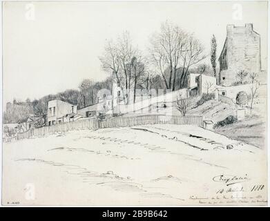 Lage der Rue Caulaincourt und Schloss von Mist, 11 und 11bis rue Girardon, 18. Bezirk Eugène Delâtre (1864-1938). Emplacement de la rue Caulaincourt et château des Brouillards, 11 et 11bis rue Girardon, 18 ème arrondissement. Plume et crayon sur Papier crème, 1880. Paris, musée Carnavalet. Stockfoto
