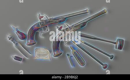 Pulverhorn, Kugelgießzange, Buchse, Ladestab, Reinigungsstab, Hammer, Schraubendreher usw., Zubehör bestehend aus: Messinghorn und poliertem Horn, Kugelgusszangen, Ölkanister, ausziehbare Größe für Zündpulver, Pokewood Ladestab, idem Reinigungsstab, Hammer und Schraubendreher. Des Weiteren befinden sich auf dem roten Leder der Schachtel zwei Lagerräume für Formkugeln, Reinigungsbürste, Flachs usw. Gehört zu Casette und Paar-Pistolen., Jean le Page, Paris, 1808, Messing (Legierung), Leder, von Gibon neu vorgestellt, Design von warmem, fröhlichem Leuchten von Helligkeit und l. Stockfoto