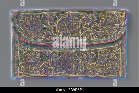 Brieftasche von M.A. de Ruyter, flache grüne Samttasche mit roten Lederkanten. Auf dem samt sind genähte Lederteile, auf die Goldfaden gestickt ist. Nur die Seite der Klappe schmückte unter dem Deckel die Aufschrift: DE RUYTER. Innen gefüttert mit Leinen, zwei Fächer getrennt durch ein Stück Leder. Im Beutel ein rechteckiges Pergamentetikett mit Aufschrift: Briefbeutel getragen von Admiral M. A. / de Ruyter / A, Michiel Adriaansz. De Ruyter, anonym, Barbarie, c 1.650 - c 1675, Leder, Leinen (Material), Tinte, samt (Stoffwedel), Stickereien, l 10,6 cm × w 18 cm, von Gibon neu vorgestellt, Stockfoto