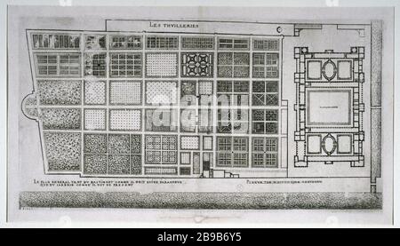 DIE KACHELN: ALLGEMEINER GEBÄUDEPLAN - WIE es zu finalisieren ist - WAS DER GARTEN IST, WIE ER JACQUES Ier Androuet du Cerceau (1515-1584) ist. "Les Tuileries: Le Plan général tant du bâtiment, comme il doit être parachevé, que du jardin comme il est à présent". Tiefdruck. Paris, musée Carnavalet. Stockfoto