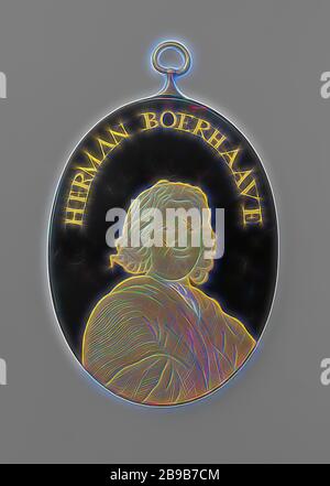 Herman Boerhaave, ovale Plakette, auf der in der unteren Hälfte eine Porträtbüste eines Mannes (H. Boerhaave) mit nach rechts gedrehtem Kopf. Er hat ein halbes langes lockiges Haar. Er trägt einen breiten Mantel mit Schal. Das Porträt ist Golden: Glänzend, mit Schattierung, sowie der Aufschrift. Der Hintergrund ist schwarz, Hermanus Boerhaave, anonym, Japan, 1775 - 1800, Kupfer (Metall), Lack (Beschichtung), Lacken, h 11,7 cm × w 8,8 cm × d 0,4 cm, neu von Gibon vorgestellt, Design von warmem, fröhlichem Leuchten von Helligkeit und Lichtstrahlen. Klassische Kunst mit moderner Note neu erfunden. Vom Futurismus inspirierte Fotografie Stockfoto