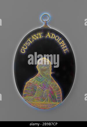 Gustaaf II Adolf von Schweden, Oval lackiertem Kupfer Plakette mit der portraitbüste von GUSTAAF II Adolf in der unteren Hälfte mit dem Kopf nach rechts gedreht. Er hat einen balding Kopf, einen Schnurrbart und Spitzbart. Er trägt einen reich verzierten Mantel mit einem quadratischen Kragen, mit einer Schärpe schräg über der rechten Schulter. Die Inschrift und Portrait sind golden. Vordere Beschriftung oben Mitte: GVSTAVE ADOLPHE, unten Mitte: COSTVO ADOLPHO. D.C/SVFCOPVMPEX. Rückwärtsgang: Roy de Suede/Tué à la Bataille de Lutz und Le 16.9.bre 1632 agé de 39 ans, Schweden, Gustaaf Adolf II (König von Schweden), anonyme, Japan, 1775 - 1800, Stockfoto