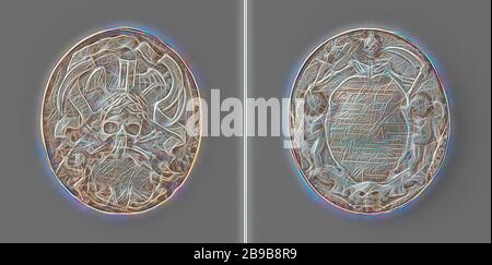 Tod von Josias Krijger, Leutnant der Nachtschicht von BRAKEL, Oval Silbermedaille. Vorderseite: Schädel mit Lorbeerkranz, geflügelter Sanduhr und Scythes über der Beschriftung. Umgekehrt: Skelett mit Schythe und Fackel über Schild mit Aufschrift, flankiert von zwei Engeln, Schlacht am Texel, Kijkduin, Josias Krijger, Wouter Muller, 1660 - 1673, Silber (Metall), Gravur, l 6,2 cm × w 5,5 cm × w 44,36 gr, neu von Gibon vorgestellt, Design mit warmem, fröhlichem Glanz von Helligkeit und Lichtstrahlen. Klassische Kunst mit moderner Note neu erfunden. Fotografie inspiriert von Futurismus, die dynamische Energie von Mod Stockfoto
